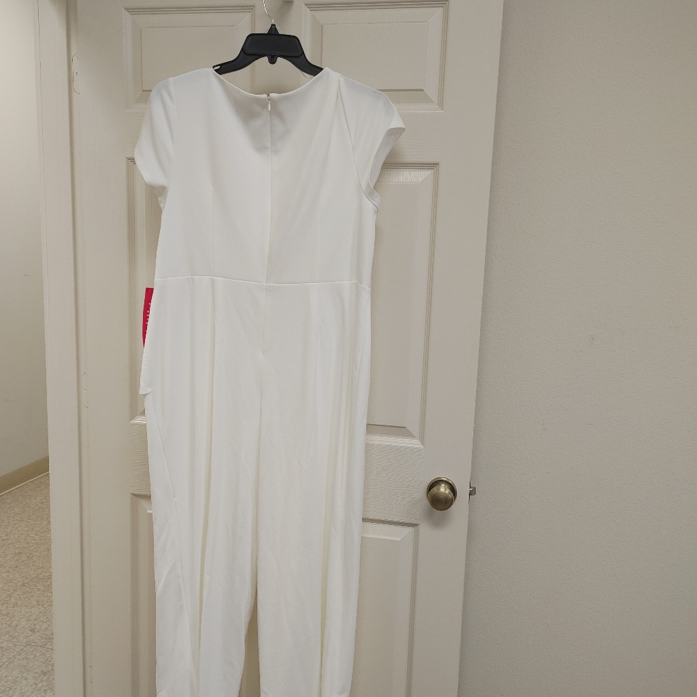 Asymmetrical White Jumpsuit With Surplice Top | - Picture 4 of 5